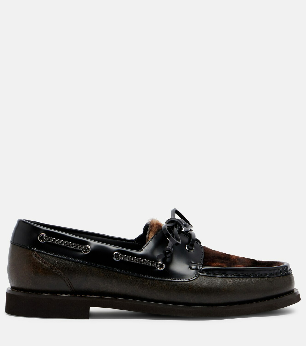 Brunello Cucinelli Monili calf hair-trimmed leather boat shoes