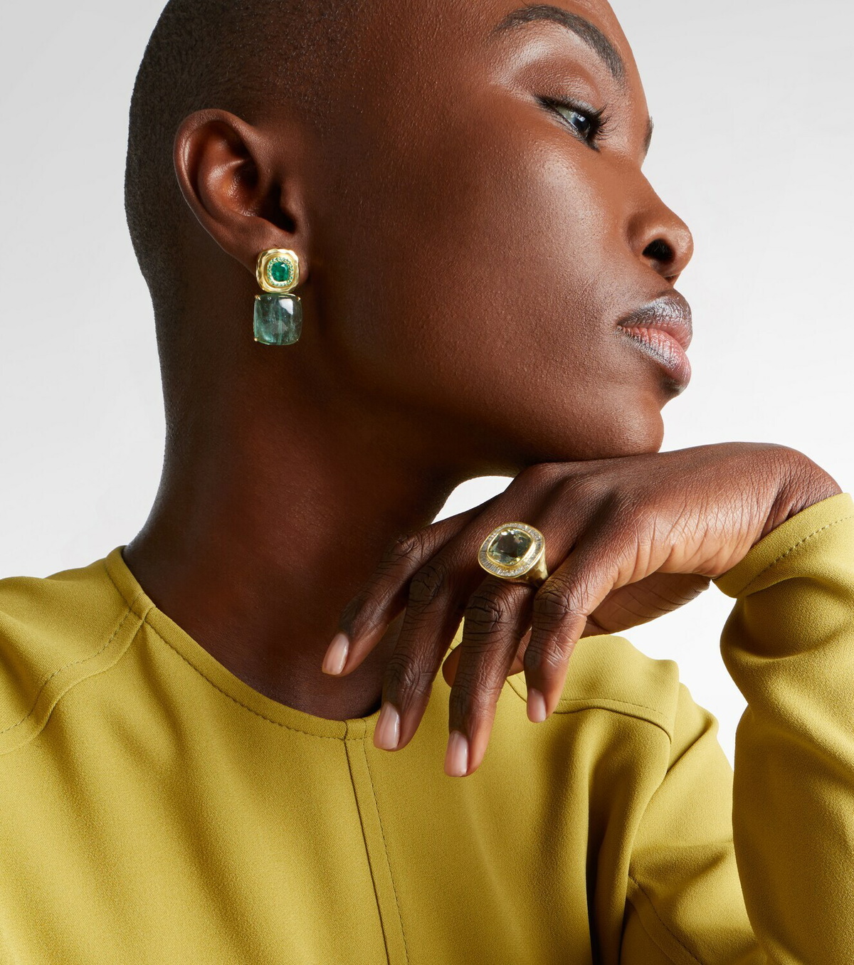 Octavia Elizabeth Double Orbit 18kt gold earrings with tourmaline and emeralds