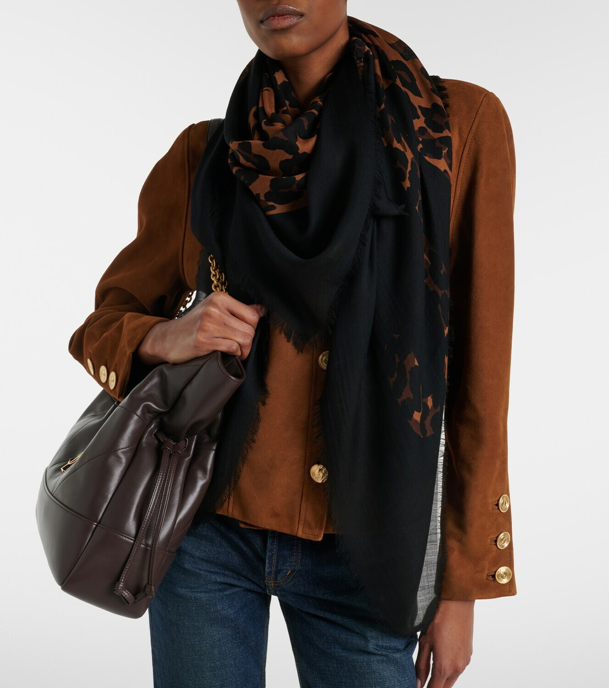 Saint Laurent Fringed leopard-print wool scarf