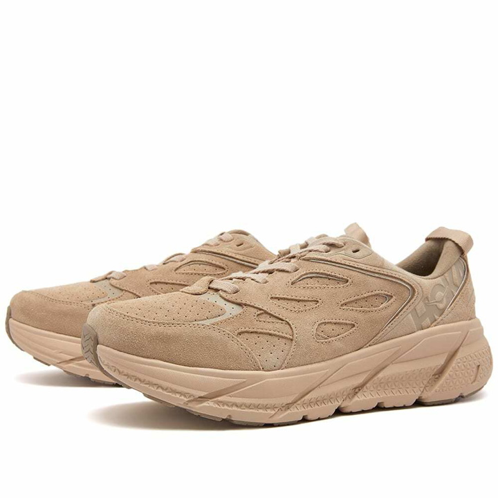 Photo: Hoka One One Men's Clifton L Suede Sneakers in Shifting Sand/Dune