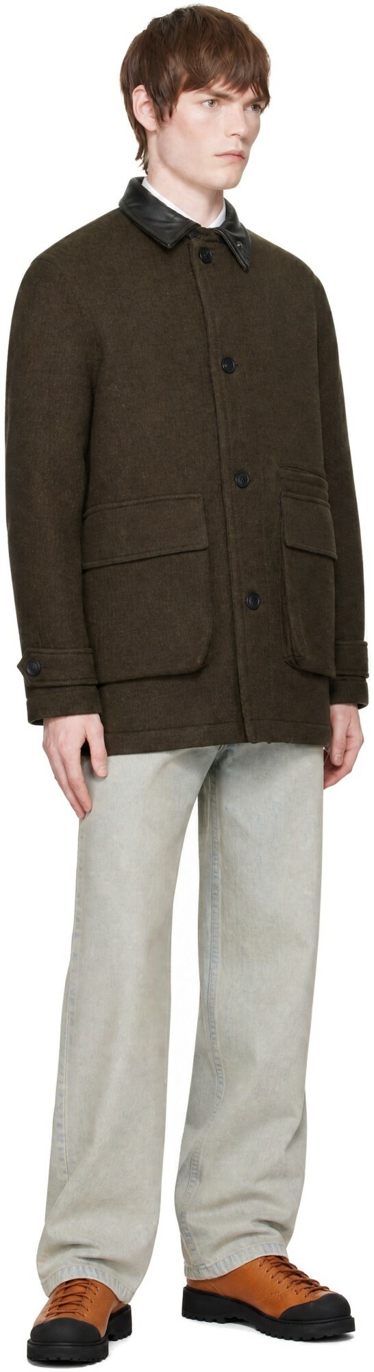 COOR Brown Trimming Leather Patchwork Coat