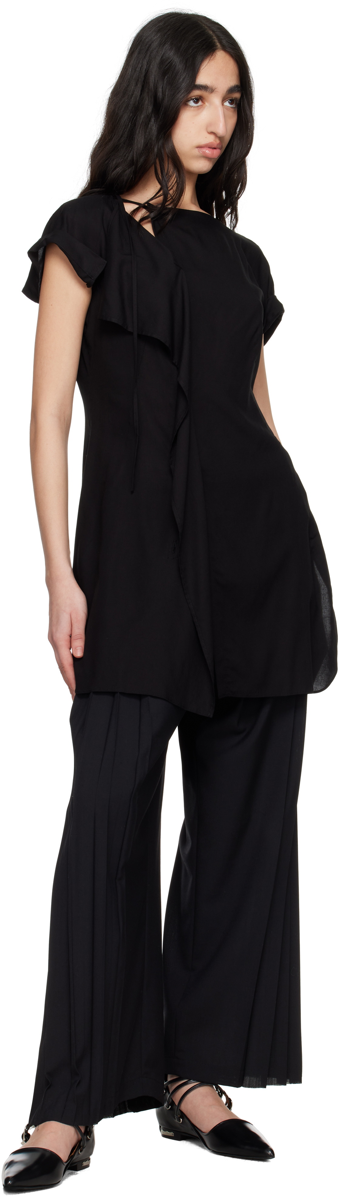 Y's Black Rayon Cambric Right Side Drape Blouse