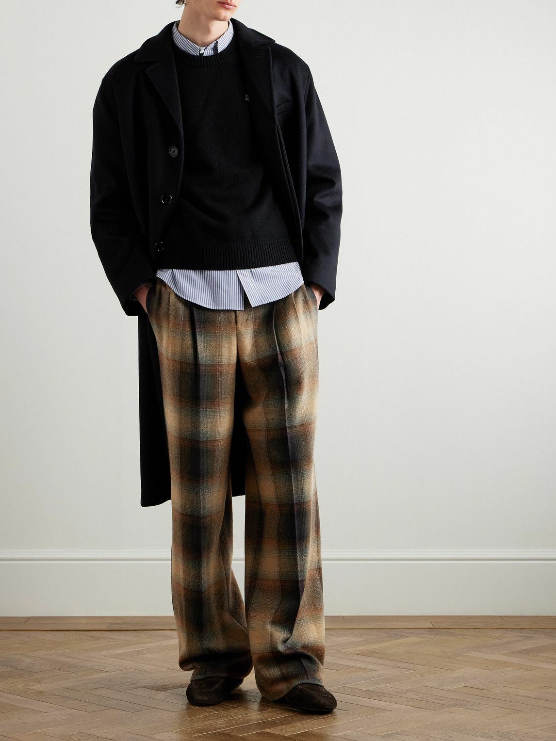 CELINE - Wide-Leg Pleated Checked Wool-Flannel Trousers - Brown