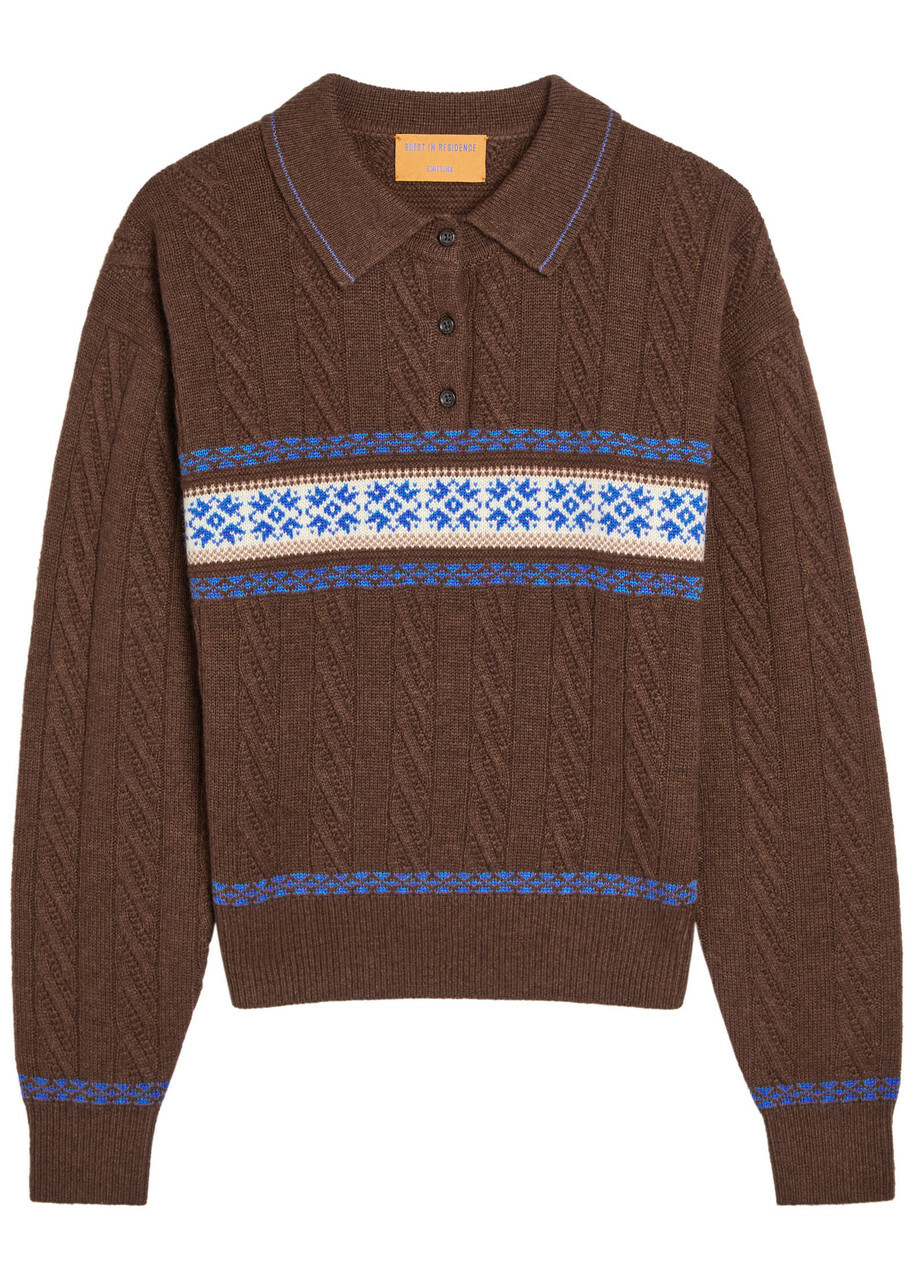 Guest In Residence Cable Collegiate Patterned Wool and Cashmere-blend Polo Shirt Brown