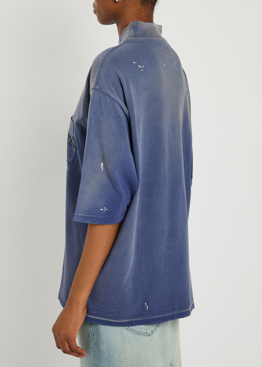 Maison Margiela Distressed Logo-printed Cotton T-shirt Blue Maison