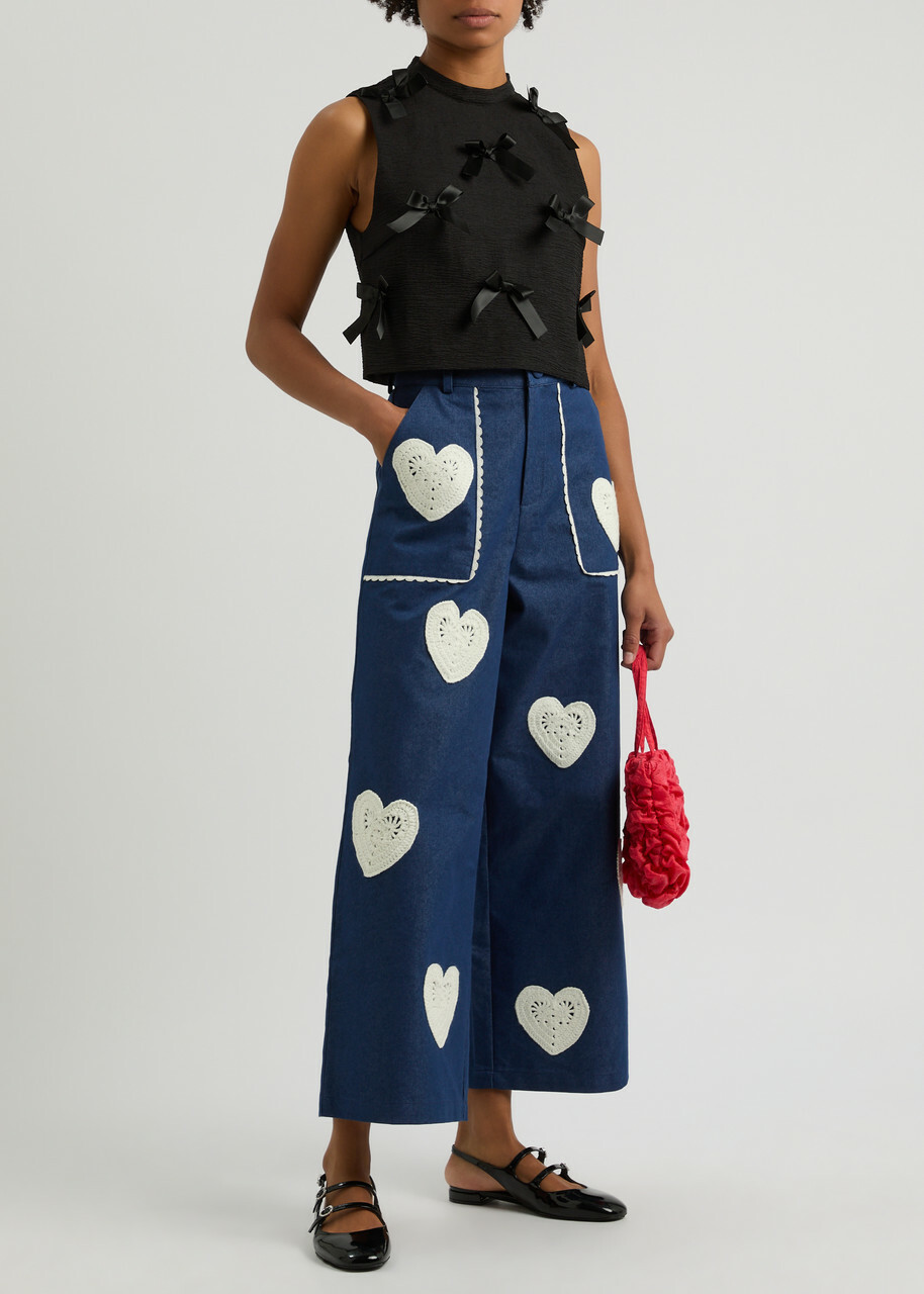 Sister Jane Birdie Bow-appliqué Cloqué Tank Black