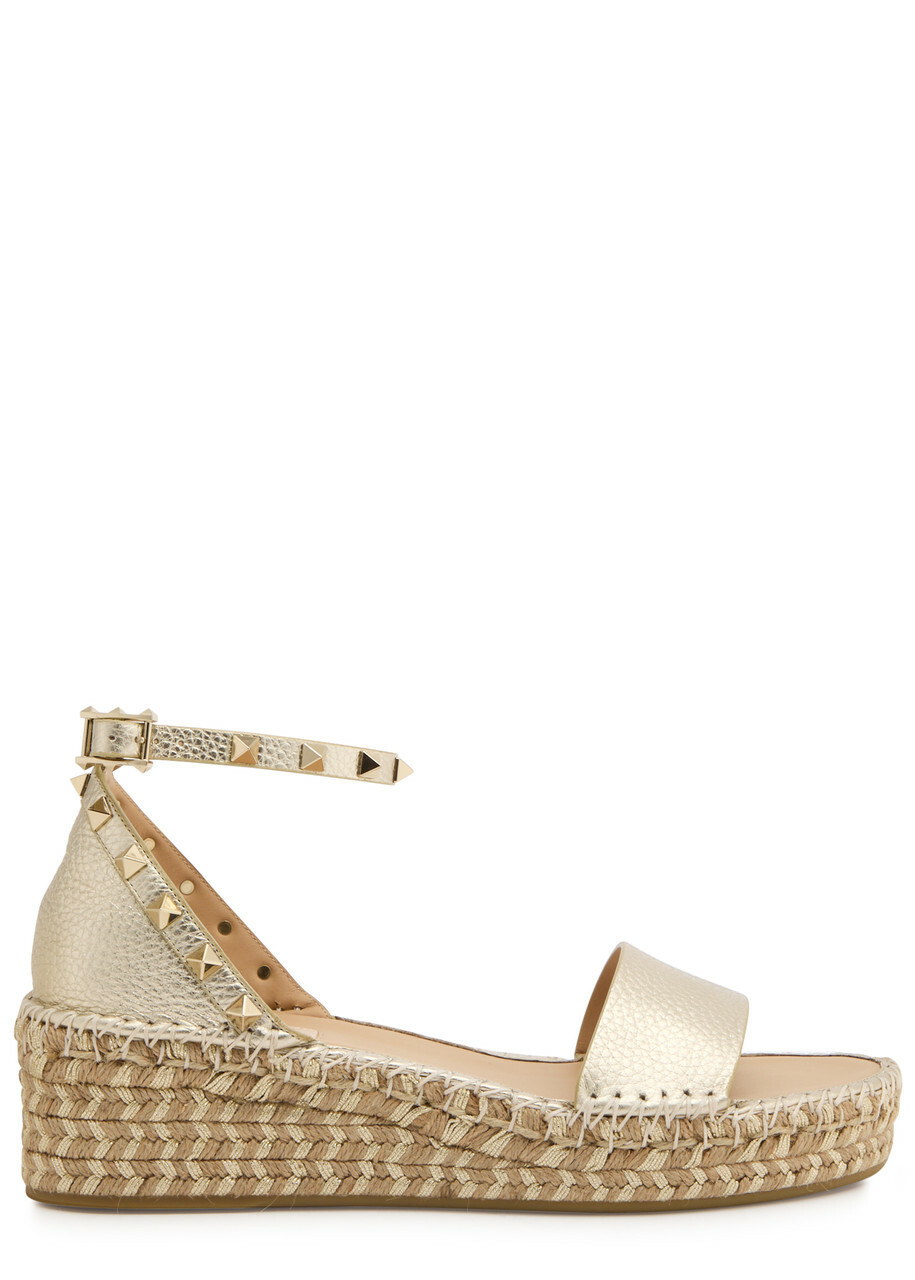 Valentino Rockstud 50 Metallic Leather Wedge Espadrilles Gold