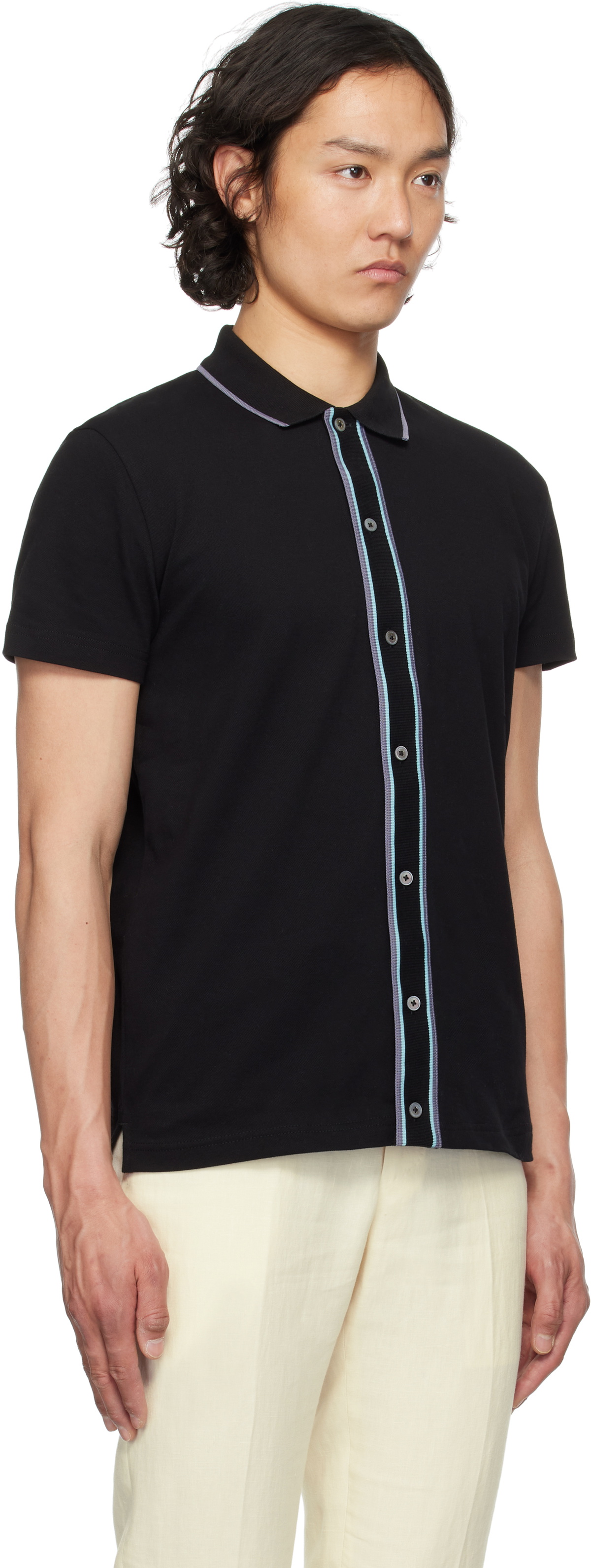 PS by Paul Smith Black Button-Front Stretch-Cotton Polo