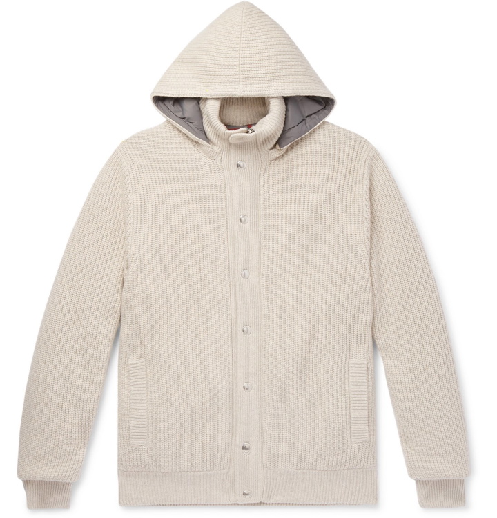 Photo: Brunello Cucinelli - Ribbed Cashmere and Shell Hooded Down Cardigan - Neutrals