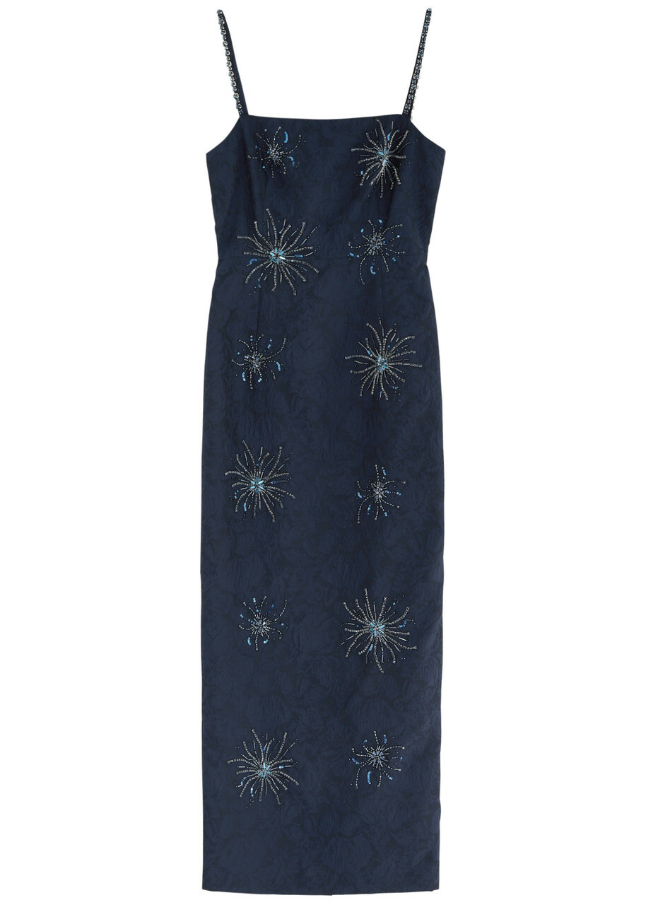 Huishan Zhang Astra Embellished Cloqué Maxi Dress Navy