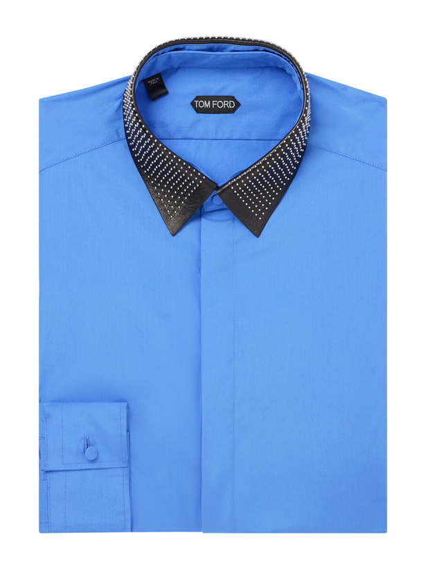 Photo: TOM FORD - Studded Leather-Trimmed Cotton-Poplin Shirt - Blue