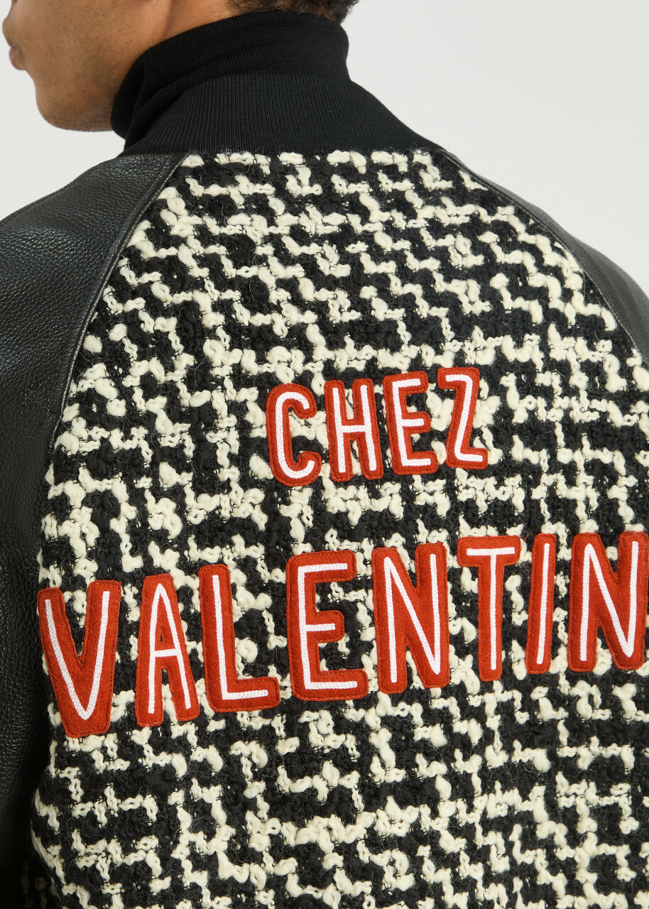Valentino Leather and Bouclé Tweed Bomber Jacket Black