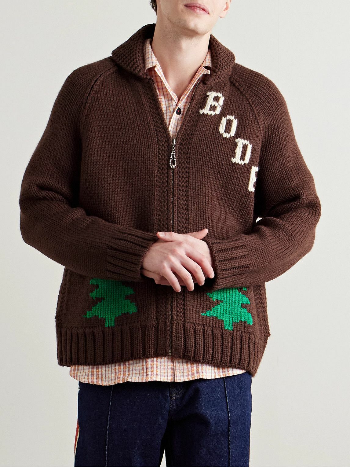 BODE - Fir Shawl-Collar Intarsia Wool Zip-Up Cardigan - Brown
