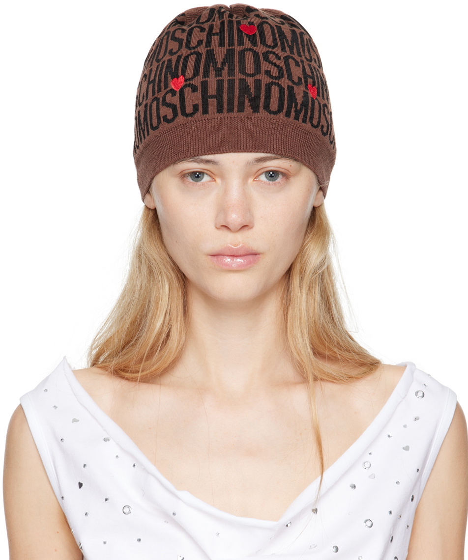Moschino Brown Hearts Embroidery Jacquard Beanie Moschino display picture 3