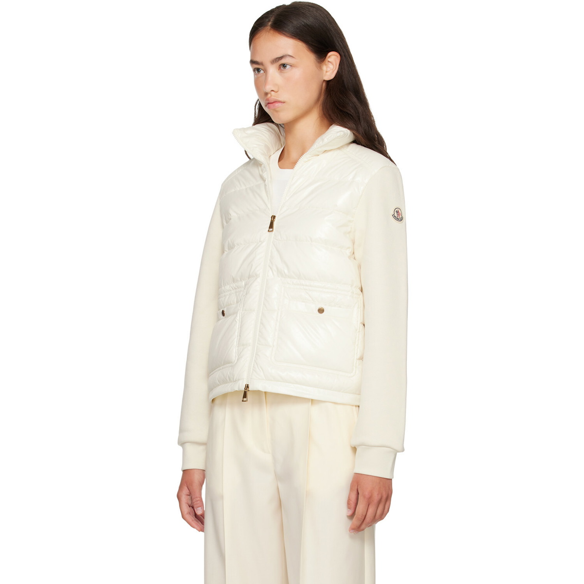 Moncler Off-White Zip Up Cotton Fleece Down Cardigan