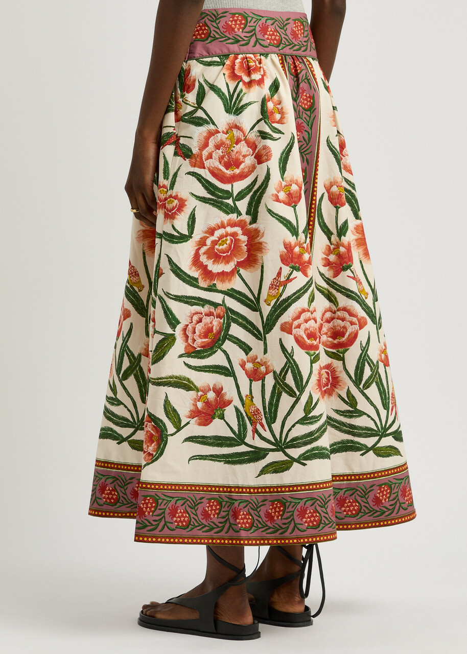 Farm Rio Ainika Printed Cotton Midi Skirt Cream
