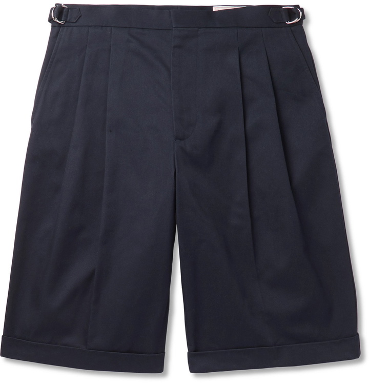 Photo: Alexander McQueen - Pleated Cotton-Gabardine Shorts - Blue