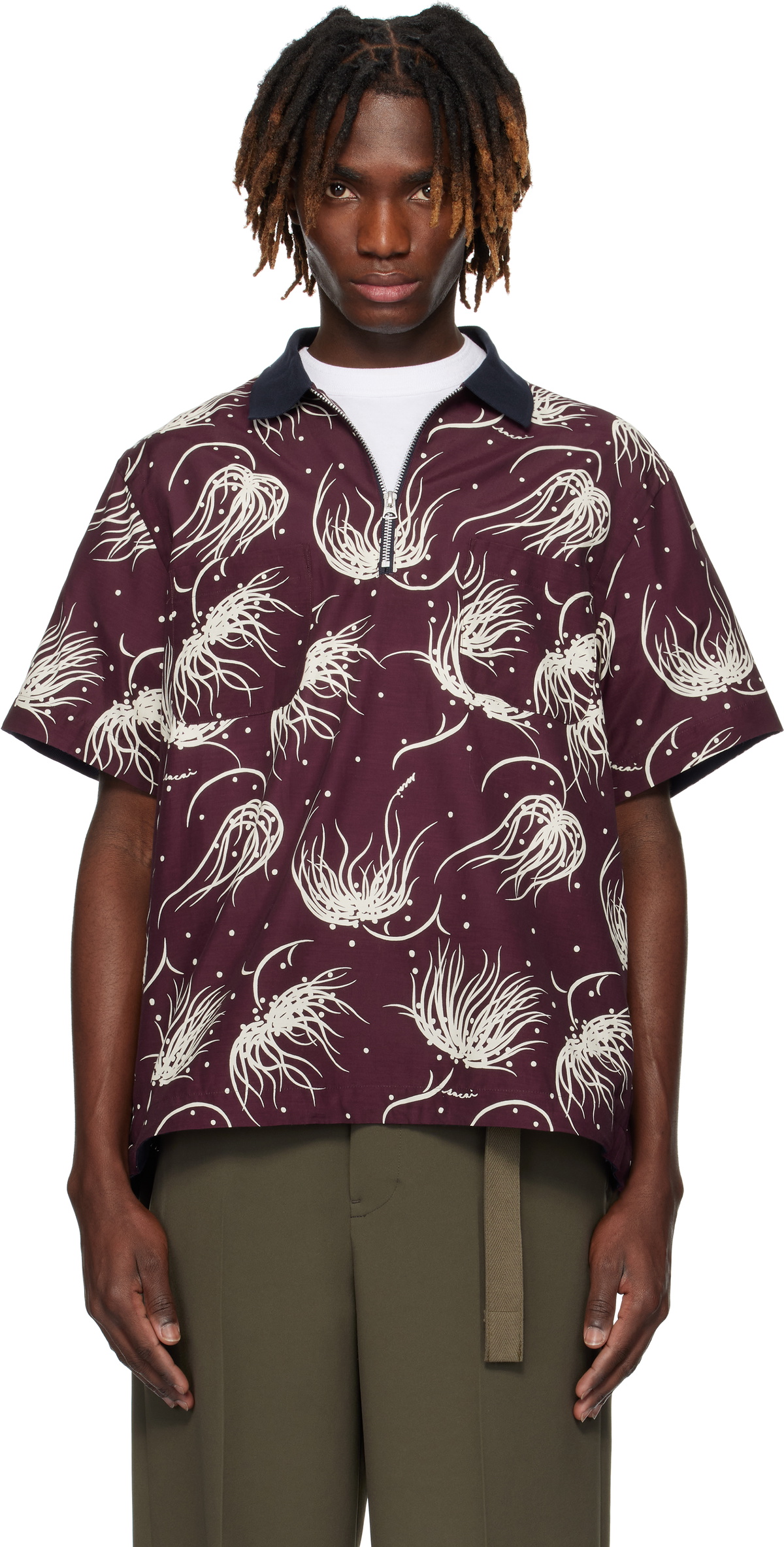 sacai Burgundy Dot Flower Print Polo Sacai
