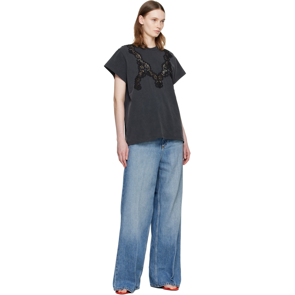 Stella McCartney Black Lace Mix Washed Jersey Cotton T-shirt