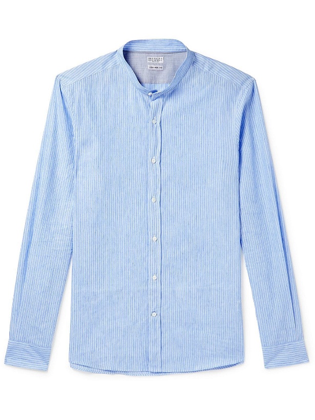 Photo: Brunello Cucinelli - Grandad-Collar Pinstriped Linen and Cotton-Blend Shirt - Blue