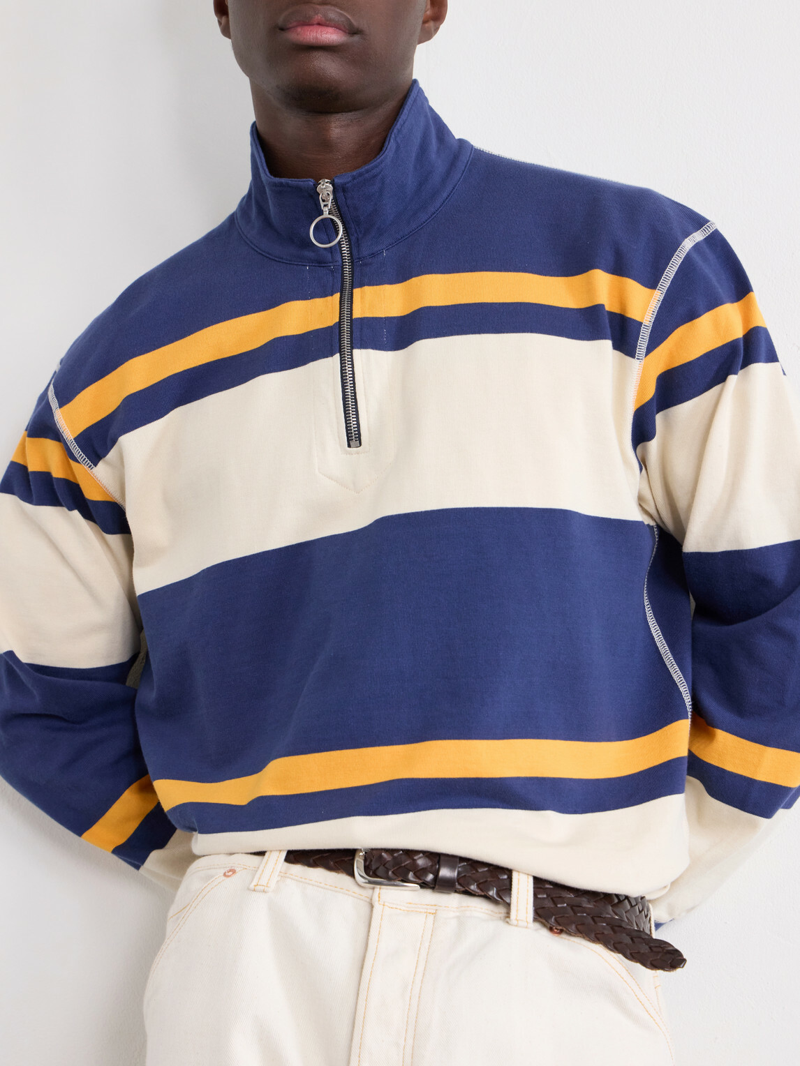 Drake's - Striped Cotton-Jersey Half-Zip Polo Shirt - Blue