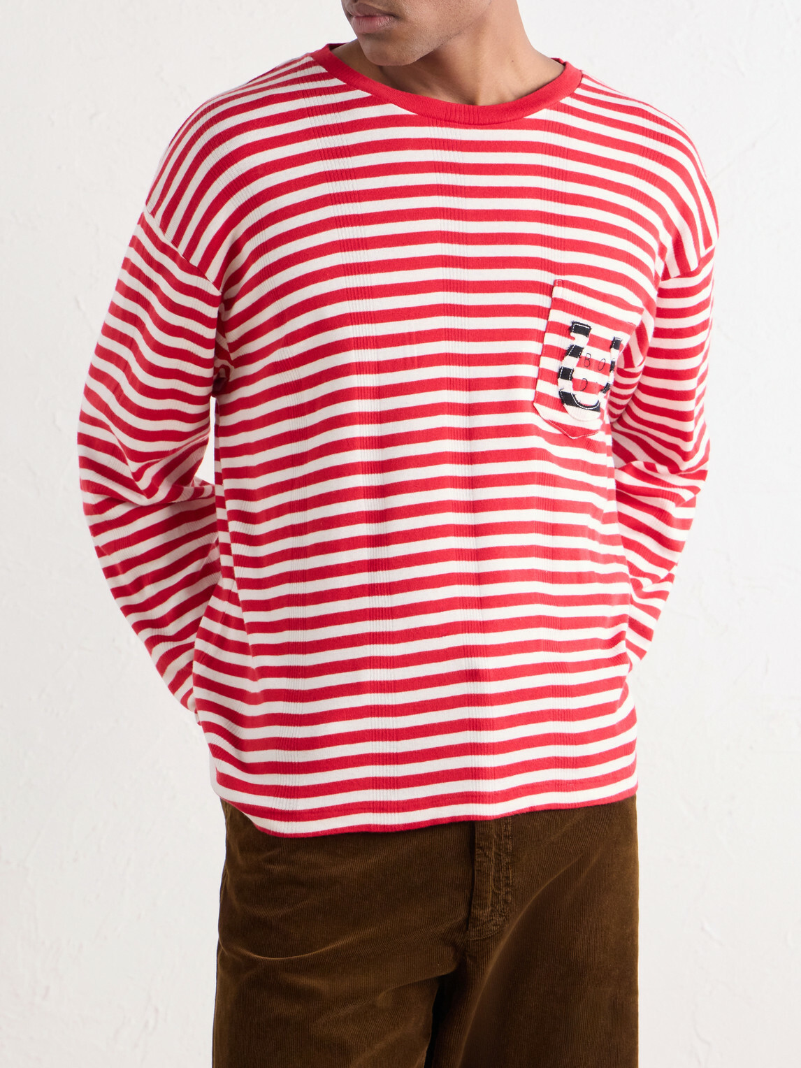 BODE - Logo-Embroidered Striped Ribbed Cotton-Jersey T-Shirt - Red