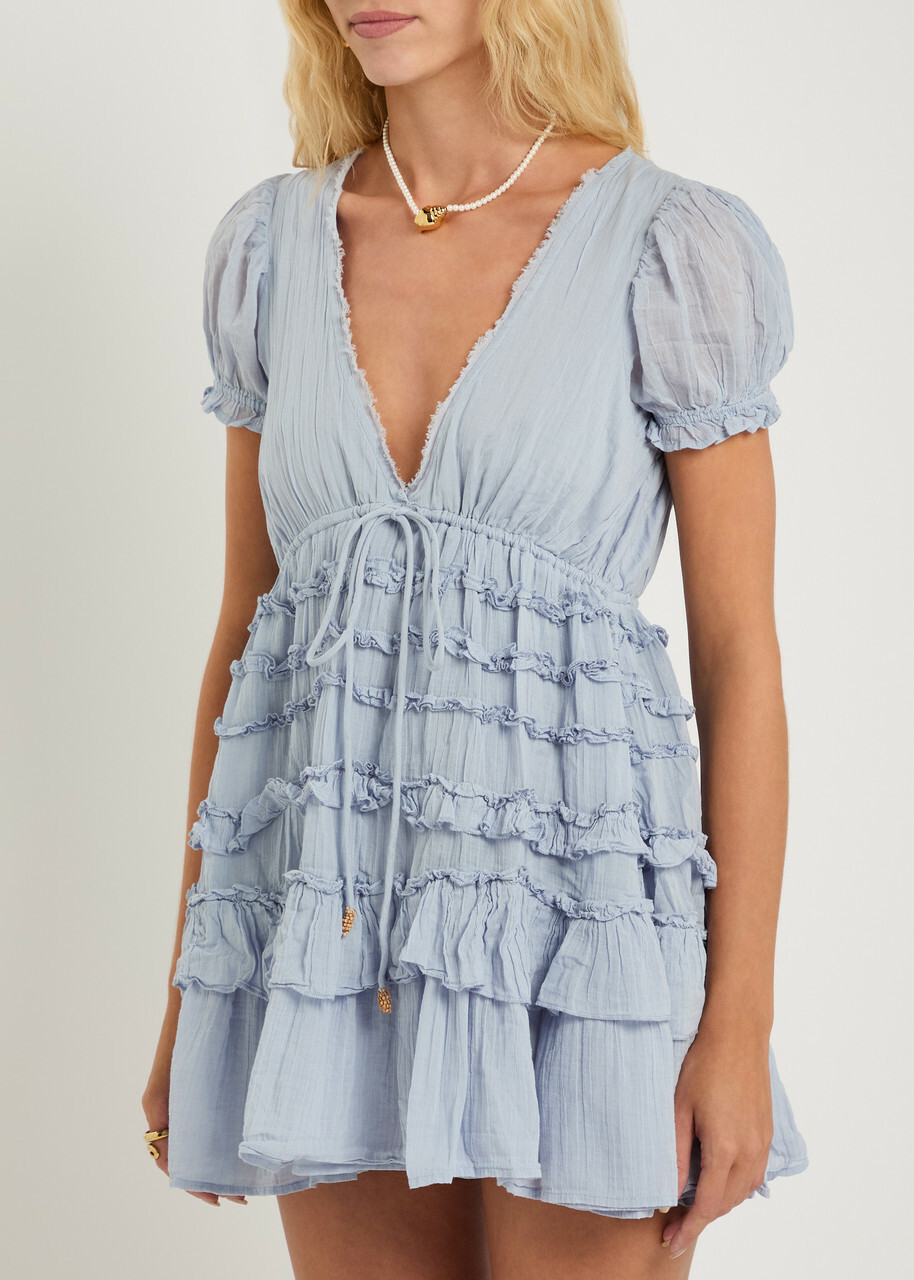 Free People Darcy Ruffled Cotton Mini Dress Light Blue