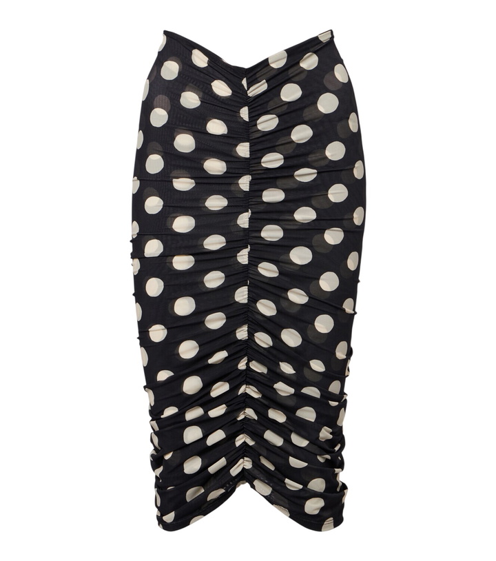 Photo: Montce Polka-dot ruched mesh midi skirt