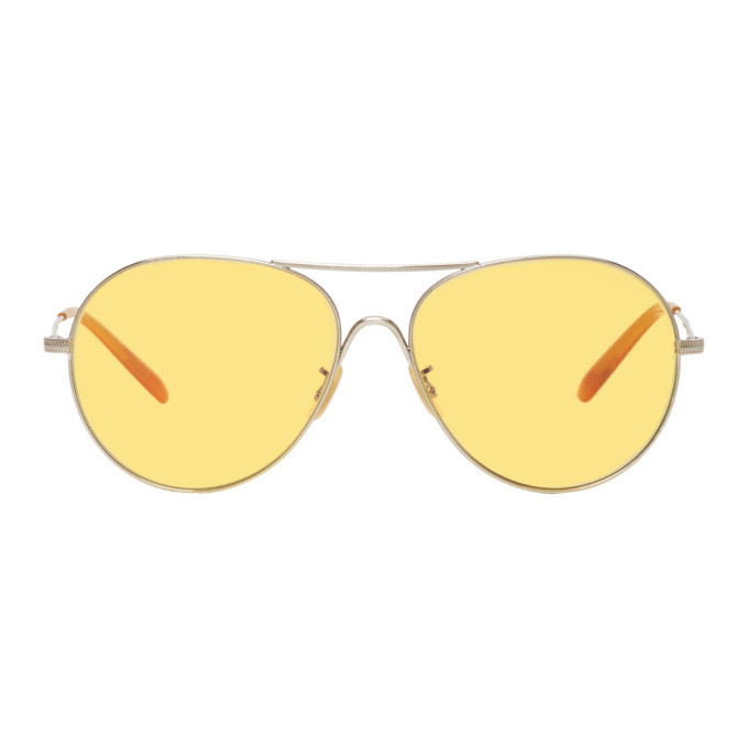 Photo: Oliver Peoples Silver and Yellow Rockmore Aviator Sunglasses