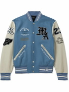 AMIRI - Appliquéd Embroidered Wool-Blend and Leather Varsity Jacket - Blue