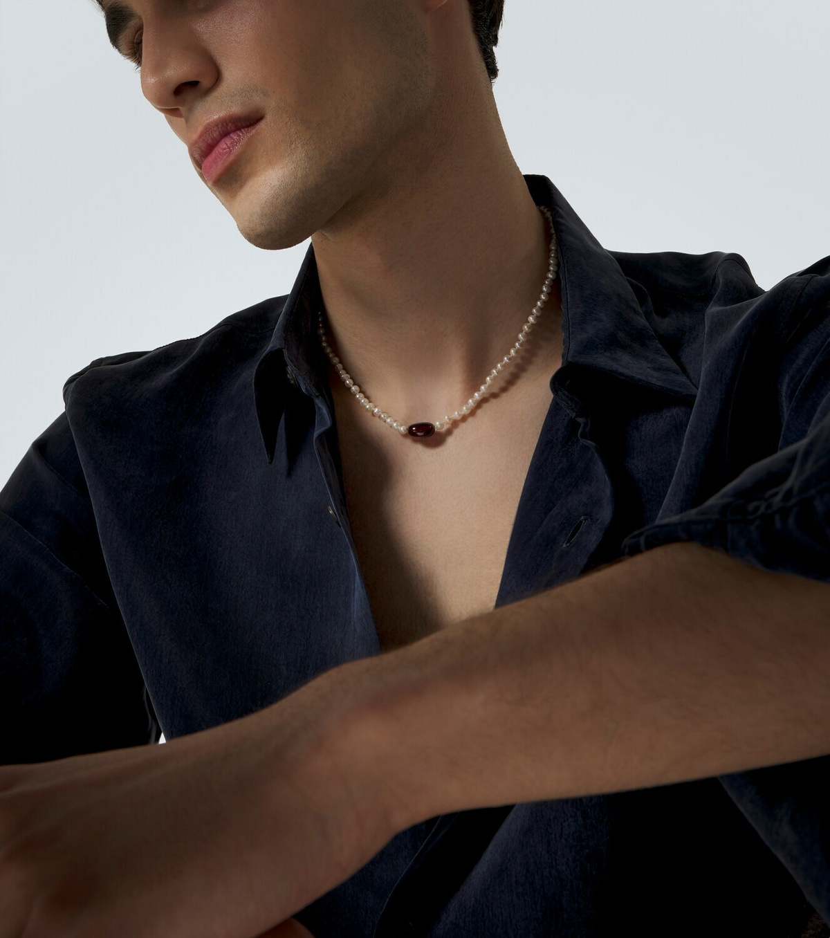 Ileana Makri 9kt gold (375/1000) beaded necklace with freshwater pearls and hessonite