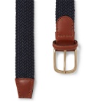 Anderson & Sheppard - 3.5cm Leather-Trimmed Woven Elastic Belt - Blue