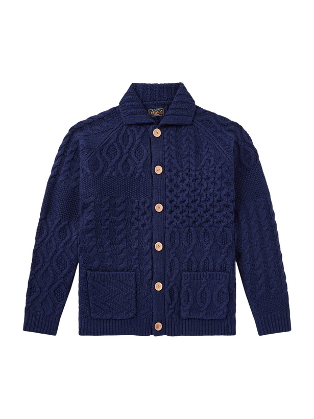 Photo: Beams Plus - Alan Patchwork Cable-Knit Wool Cardigan - Blue
