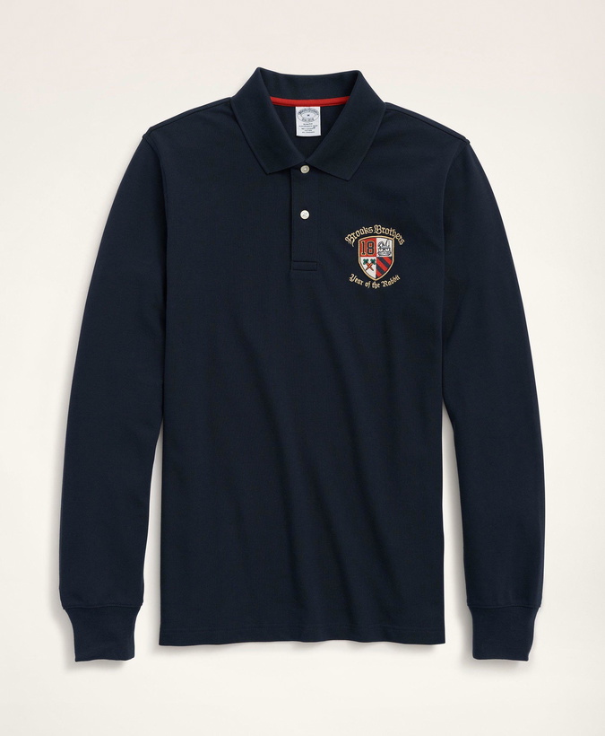 Photo: Brooks Brothers Men's Men's Lunar New Year Embroidered Supima Cotton Long Sleeve Polo Shirt | Navy