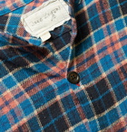 Greg Lauren - Classic Studio Grandad-Collar Distressed Checked Cotton-Flannel Shirt - Blue