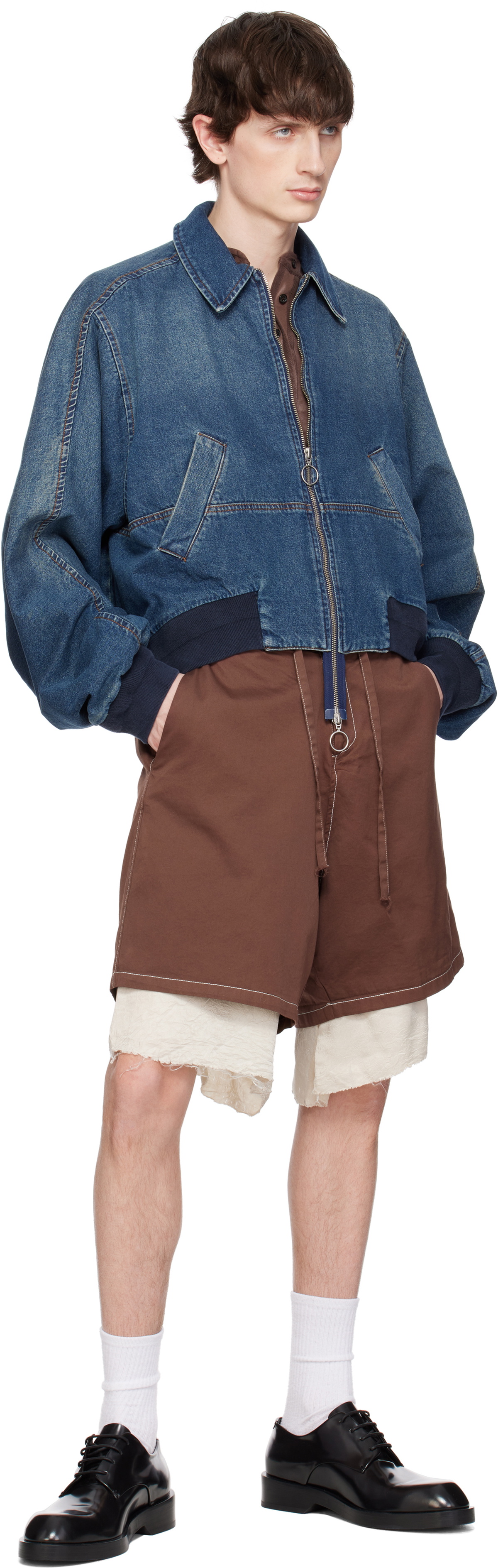 Edward Cuming Brown Drill Satin Exploded Piece Dyed Shorts