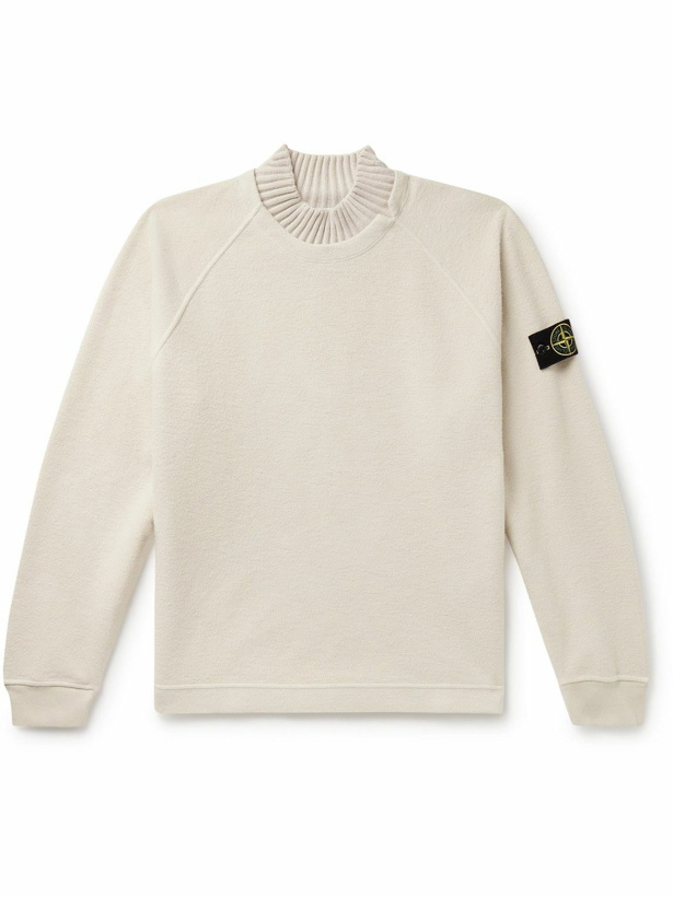 Photo: Stone Island - Wool-Trimmed Logo-Appliquéd Cotton-Blend Fleece Sweatshirt - Neutrals