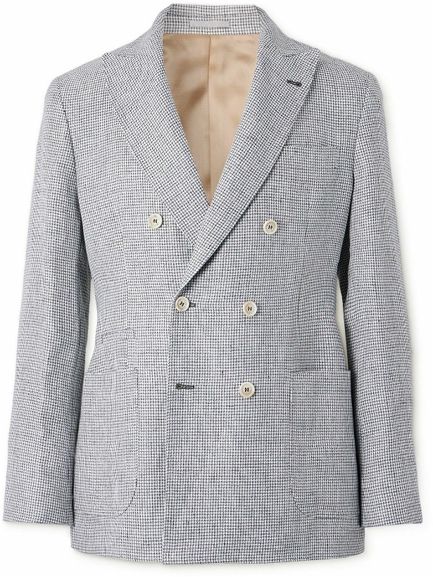 Photo: Brunello Cucinelli - Double-Breasted Puppytooth Linen Suit Jacket - Gray