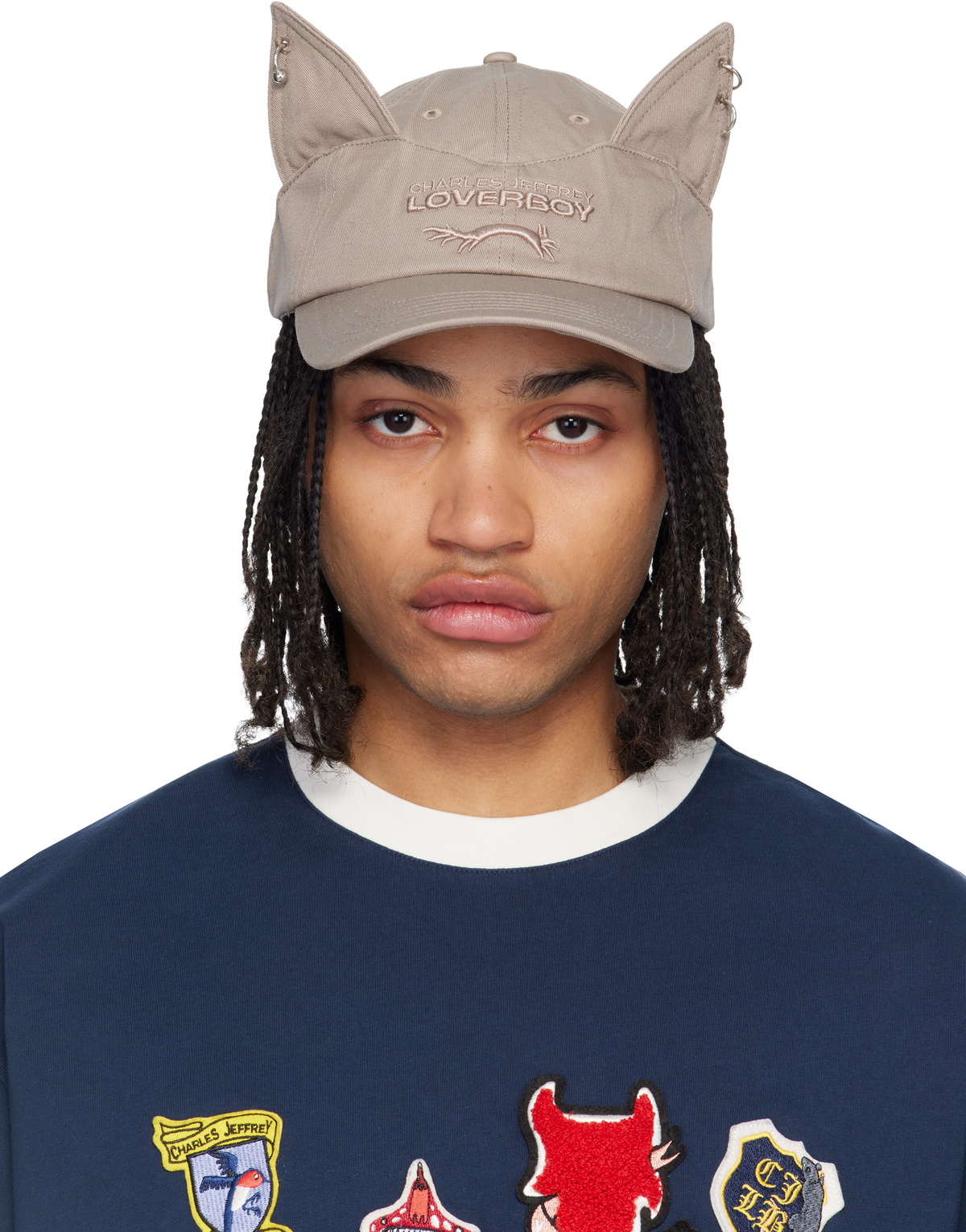 帽子 CHARLES JEFFREY LOVERBOY Charles Jeffrey LOVERBOY: Navy & Beige Knit Patch Trapper Hat | SSENSE