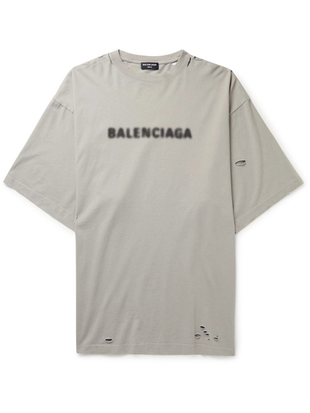 Photo: Balenciaga - Oversized Distressed Logo-Print Cotton-Jersey T-Shirt - Gray