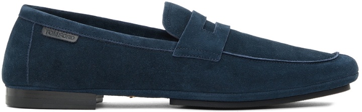 Photo: TOM FORD Navy Logo Tab Loafers