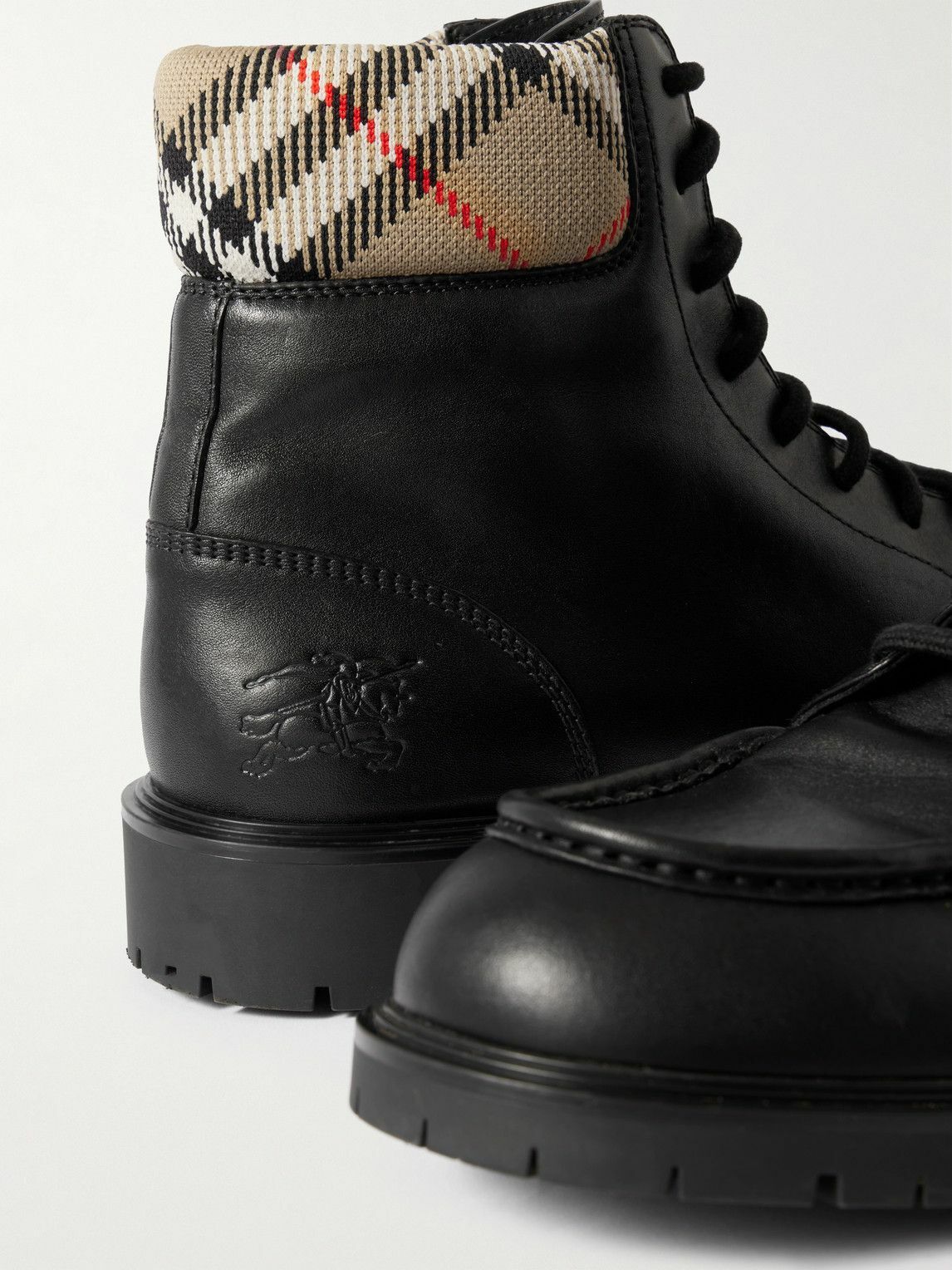 Burberry - Checked Canvas-Trimmed Leather Boots - Black