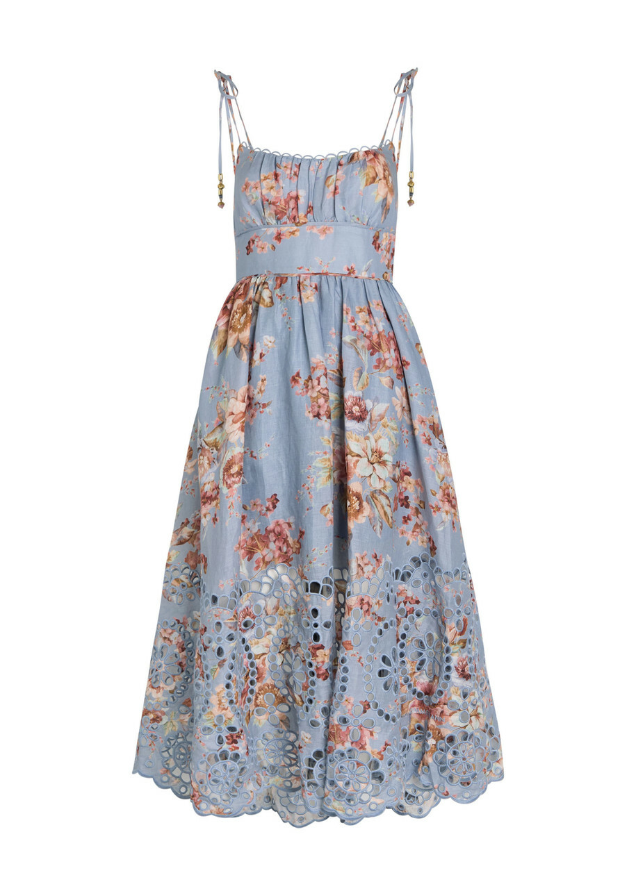 Zimmermann Awaken Picnic Floral-print Linen Midi Dress Multicoloured 1