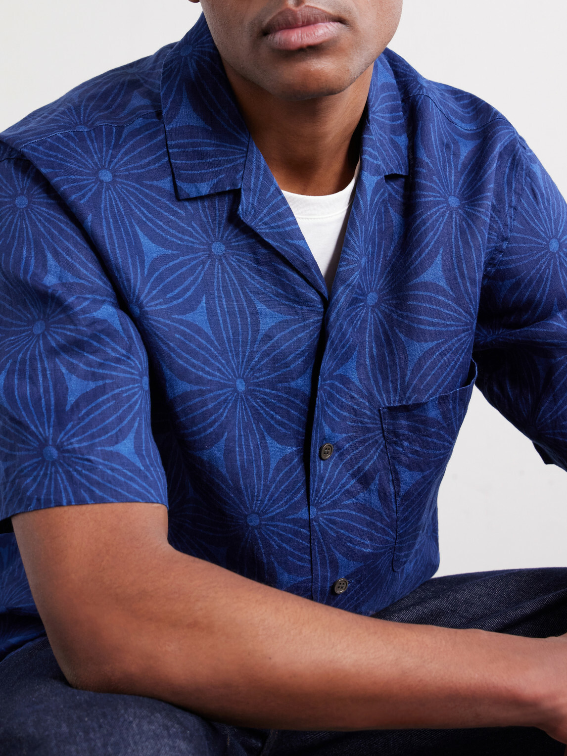 Blue Blue Japan - Sakura Camp-Collar Indigo-Dyed Floral-Print Linen Shirt - Blue