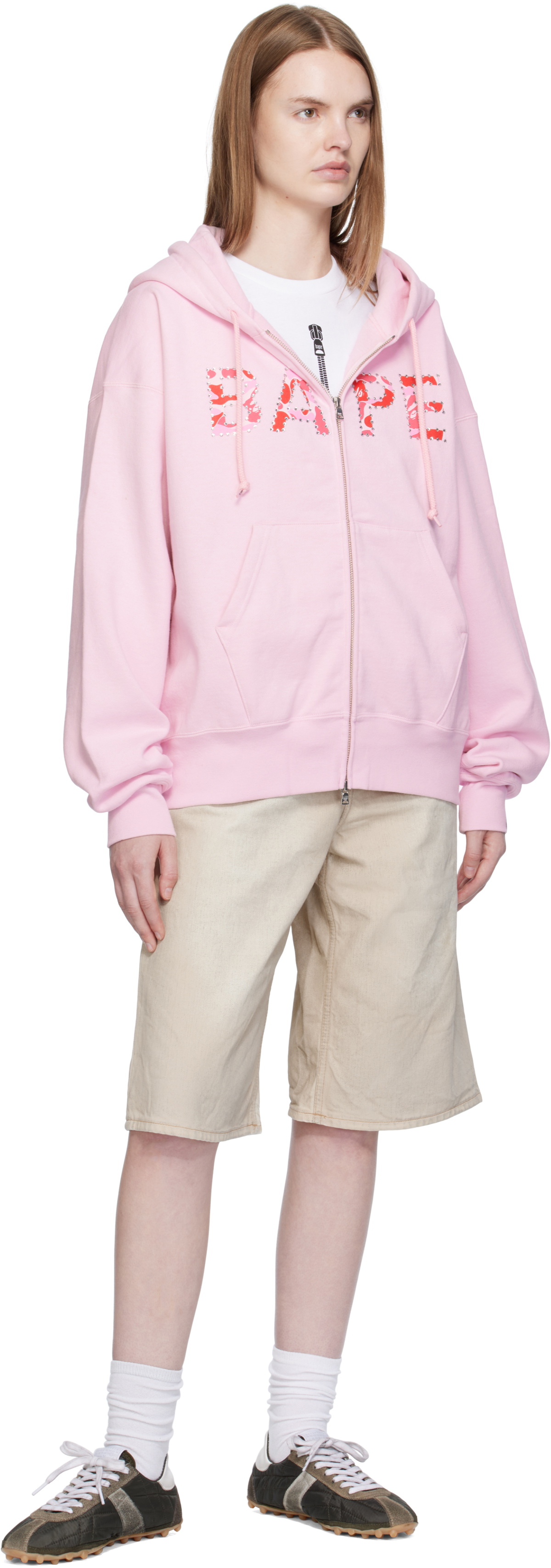 BAPE Pink ABC Camo Crystal Logo Wide Zip Hoodie