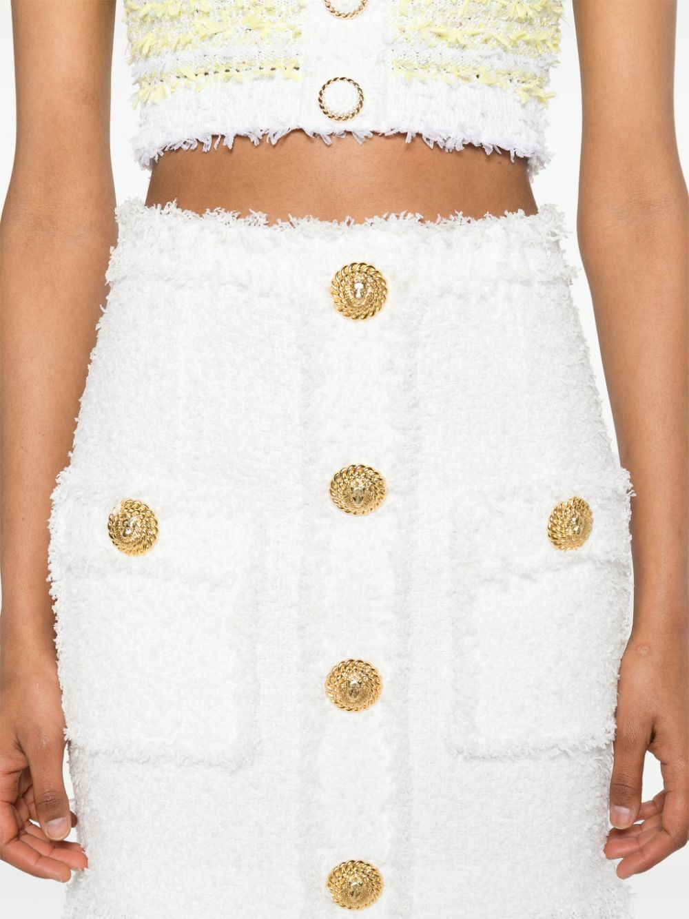Balmain White Button-Up Tweed Skirt