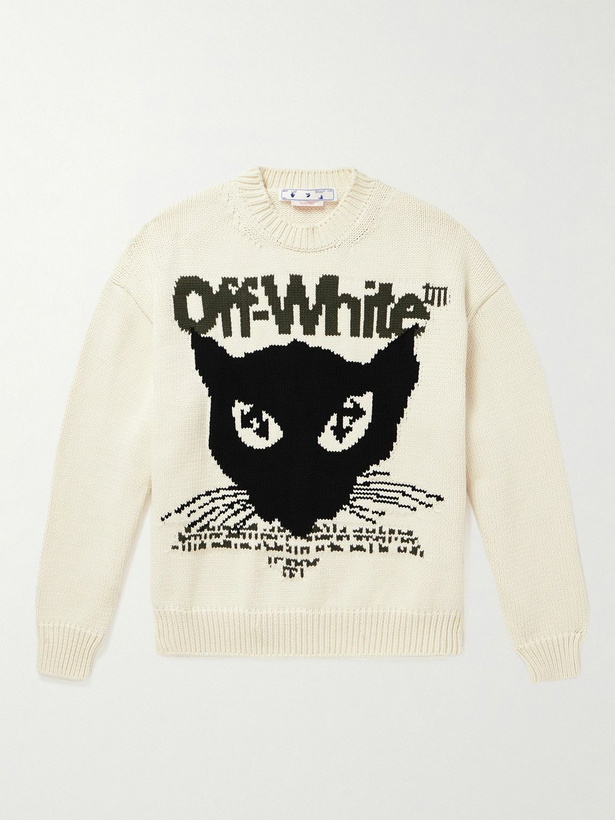 Photo: Off-White - Intarsia-Knit Cotton-Blend Sweater - Neutrals