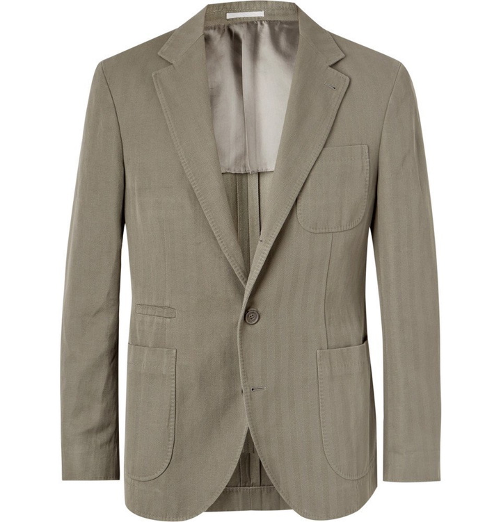 Photo: Brunello Cucinelli - Slim-Fit Herringbone Cotton and Linen-Blend Suit Jacket - Men - Army green