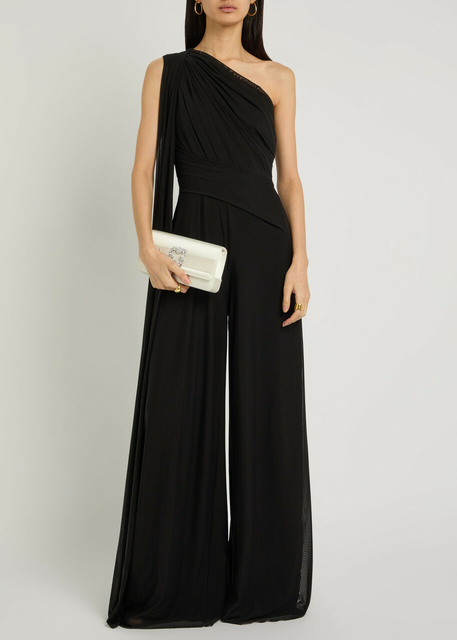 Talbot Runhof One Shoulder Draped Mesh Jumpsuit Black
