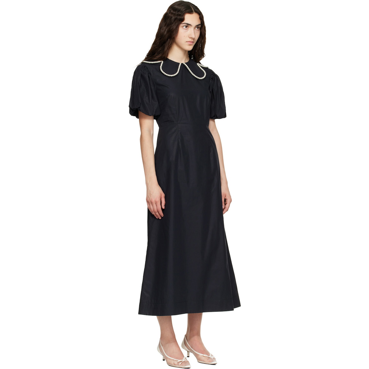 Simone Rocha Black Puff Sleeve Petal Collar Midi Dress